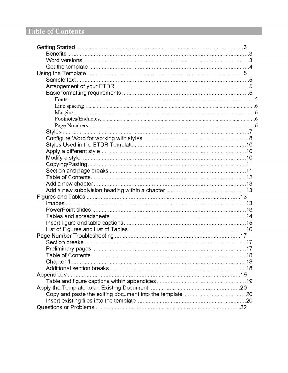 Table of Contents Template in MS Word