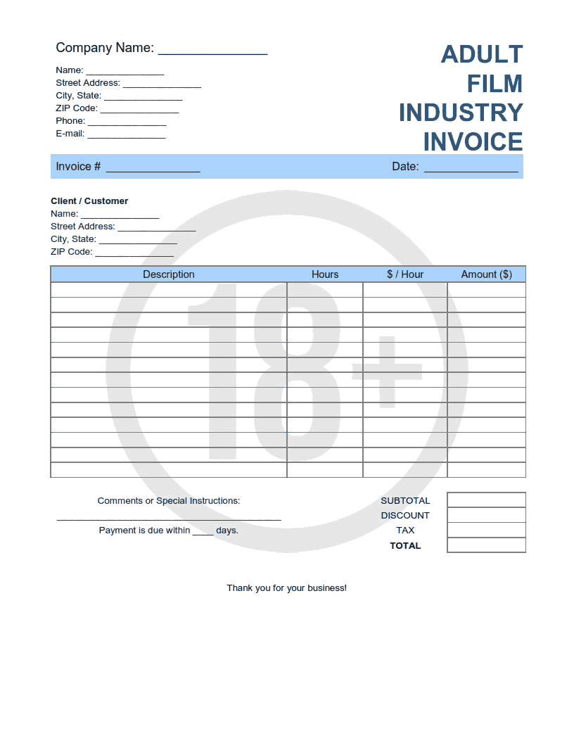 Adult Film Industry Invoice Template Word | Excel | PDF