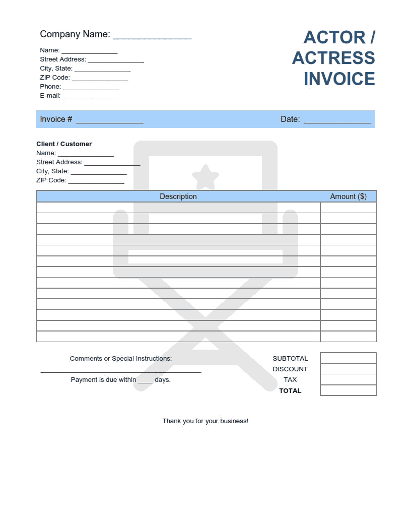 Actor Actress Invoice Template Word Excel PDF Free Download Free