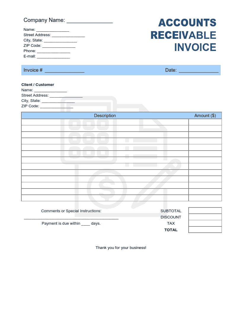 Accounts Receivable Invoice Template Word | Excel | PDF