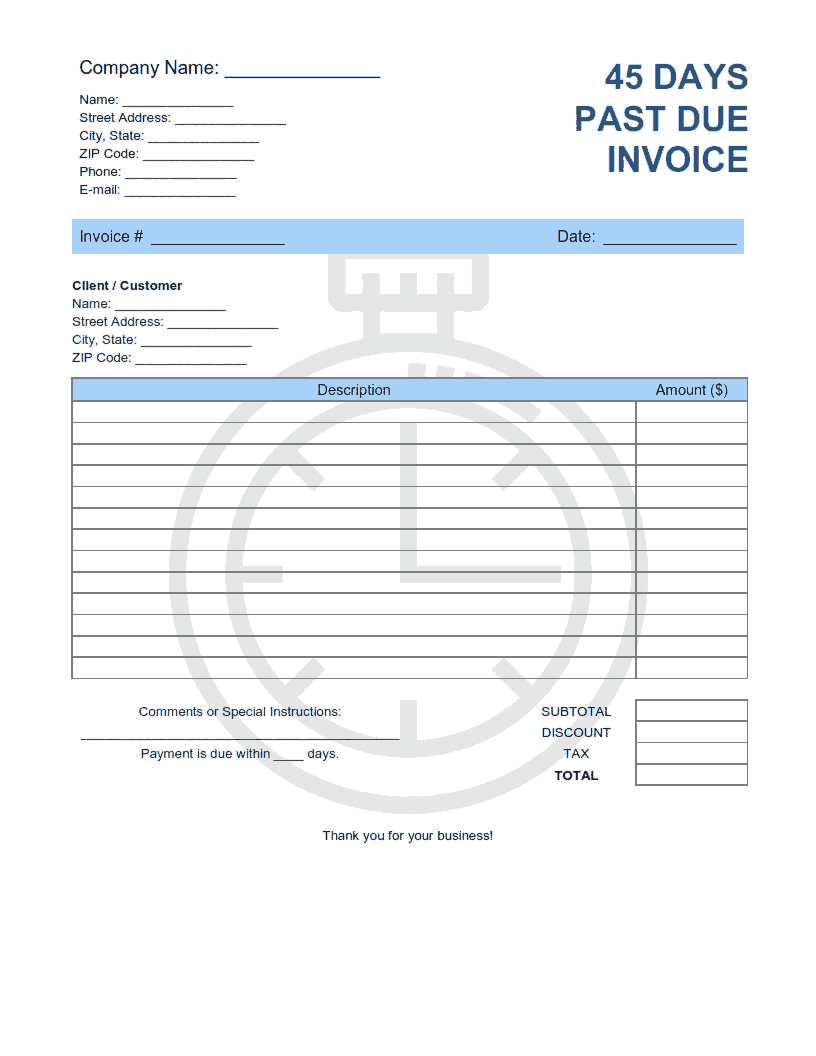 45 Days Past Due Invoice Template Word | Excel | PDF