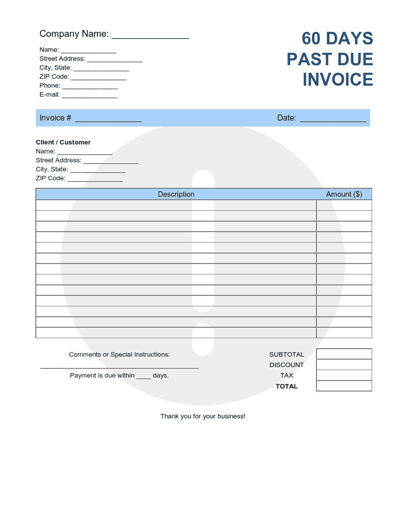 60 Days Past Due Invoice Template Word | Excel | PDF