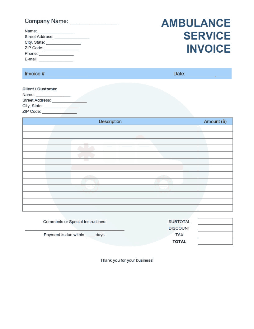 Ambulance Service Invoice Template Word | Excel | PDF