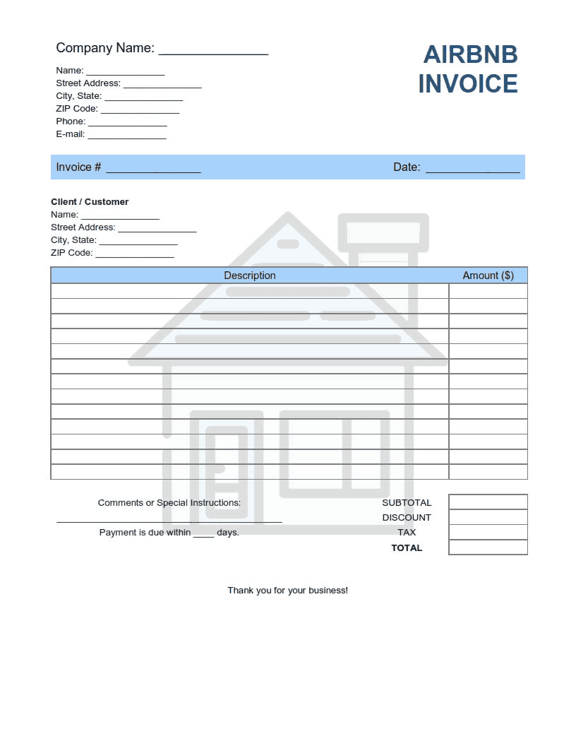 Airbnb Invoice Template Word | Excel | PDF