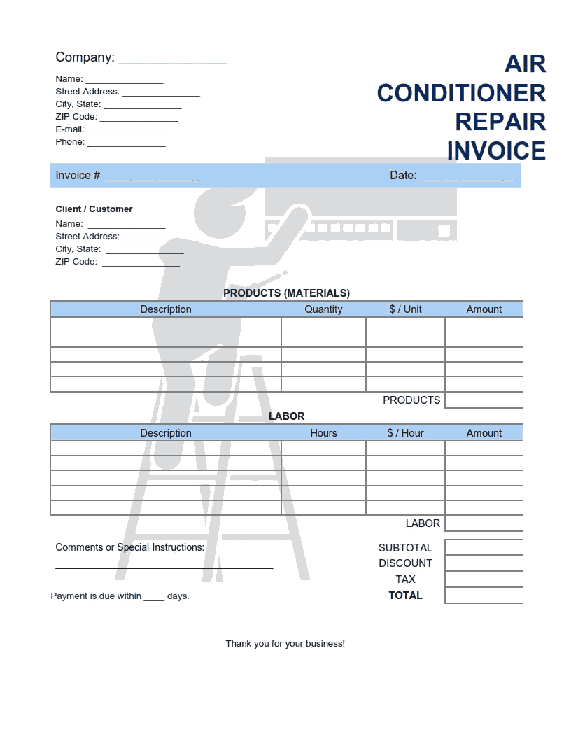 Air Conditioner Repair Service Invoice Template Word | Excel | PDF