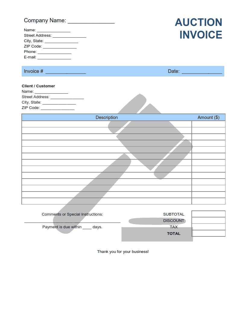 Auction Invoice Template Word | Excel | PDF