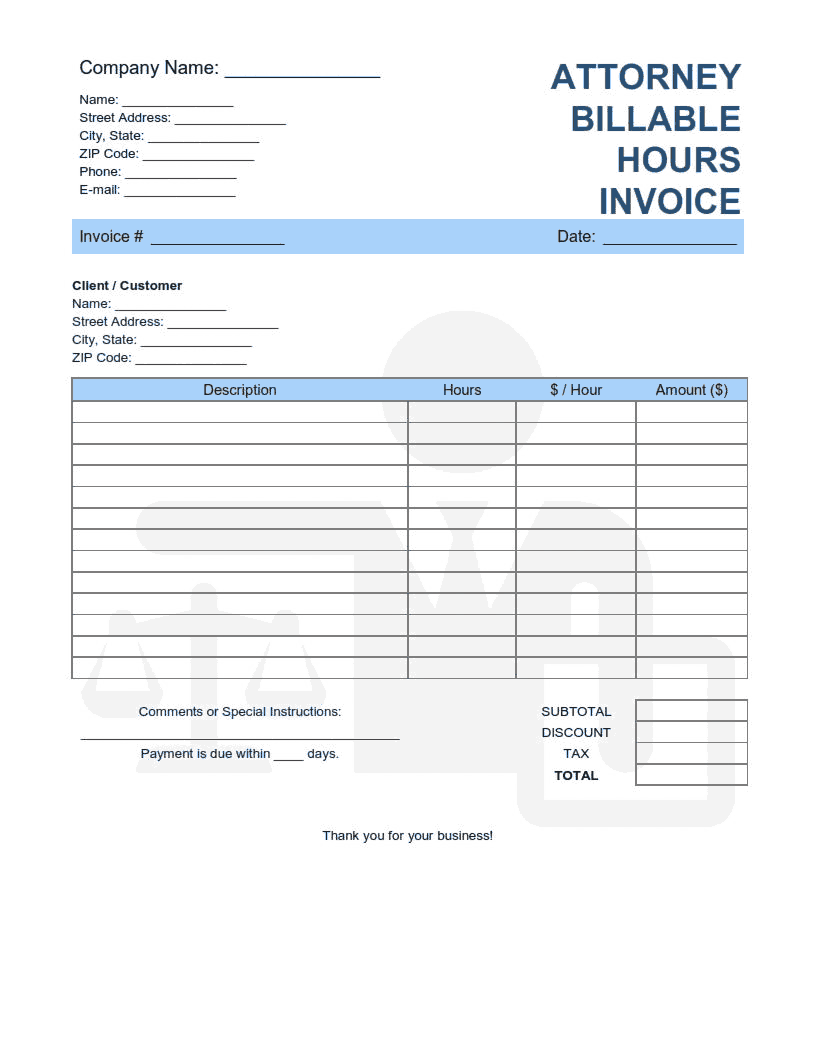 Attorney Billable Hours Invoice Template Word | Excel | PDF