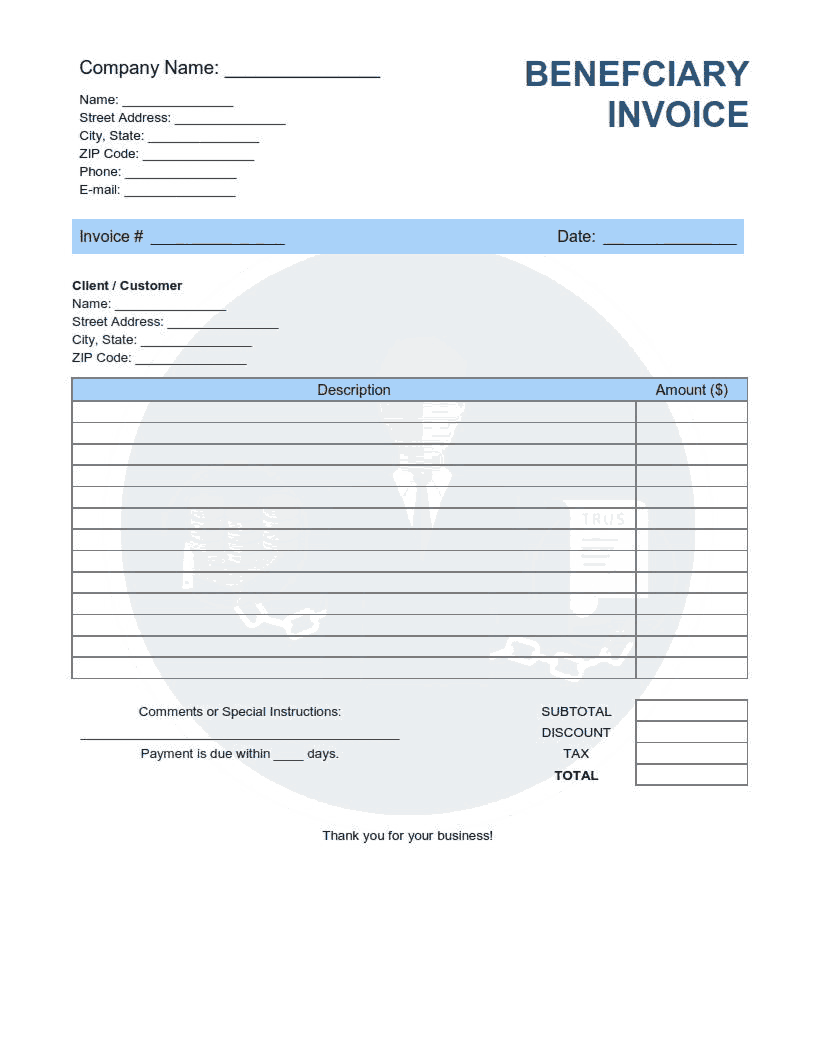Beneficiary Invoice Template Word | Excel | PDF