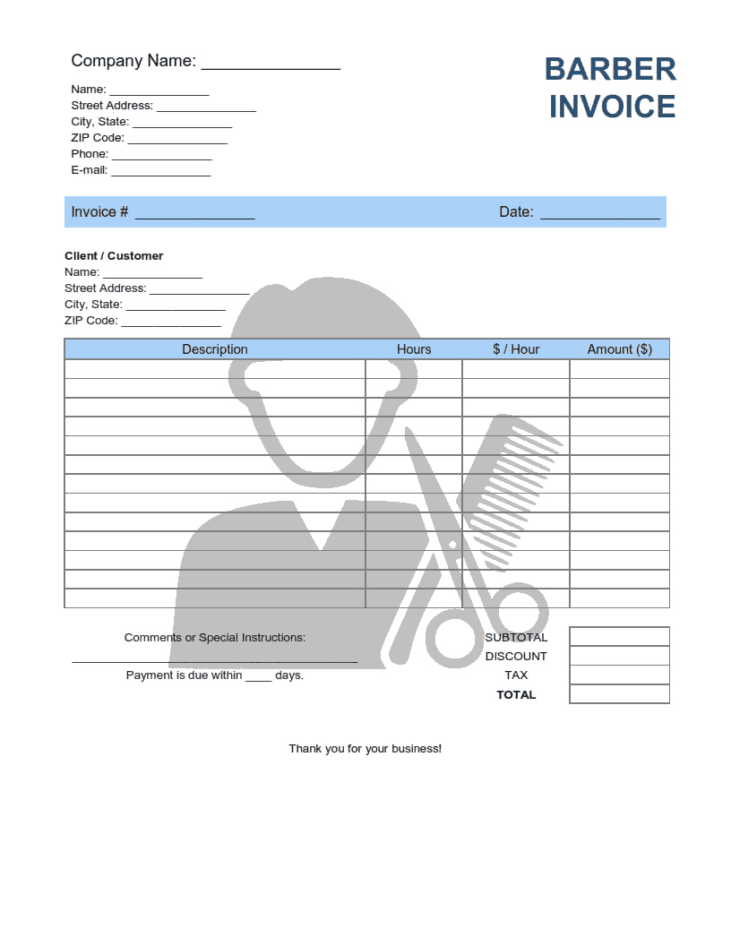 Barber Invoice Template Word | Excel | PDF