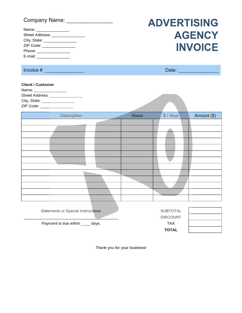 Advertising Agency Invoice Template Word | Excel | PDF