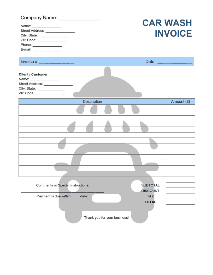 Car Wash Invoice Template Word | Excel | PDF