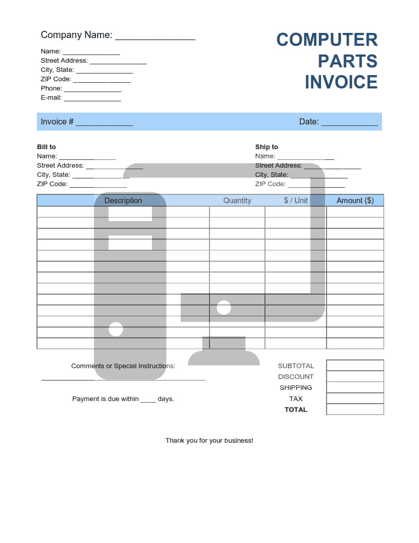 Computer Parts Invoice Template Word | Excel | PDF