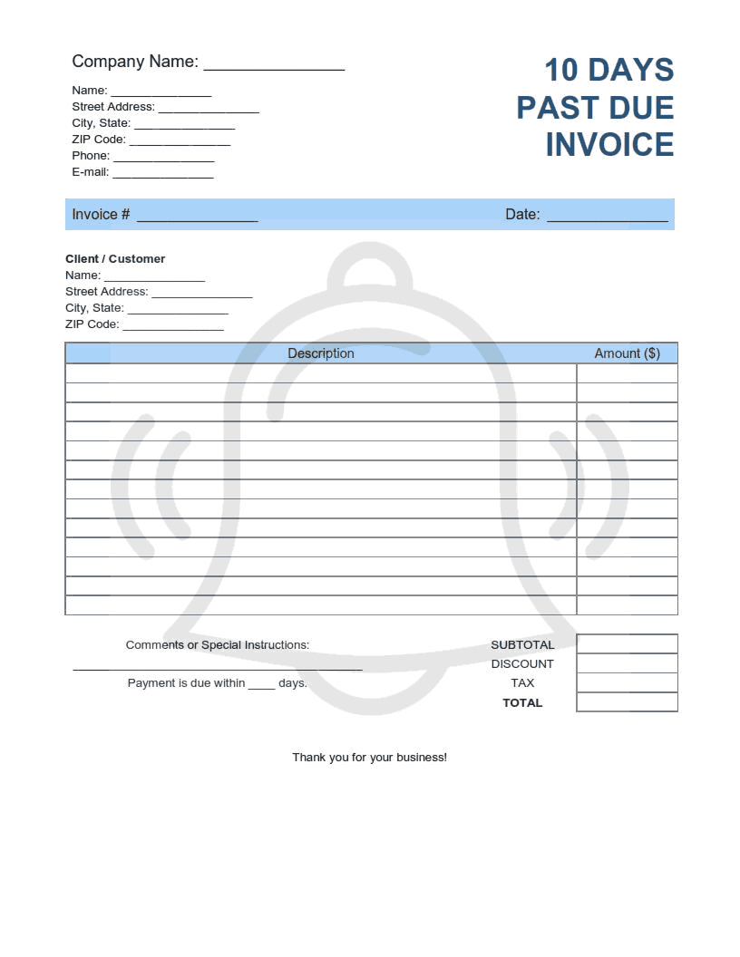 10 Days Past Due Invoice Template Word | Excel | PDF