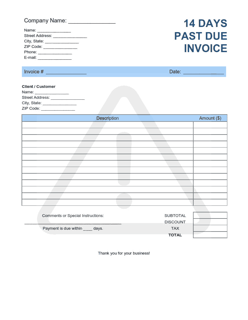 14 Days Past Due Invoice Template Word | Excel | PDF
