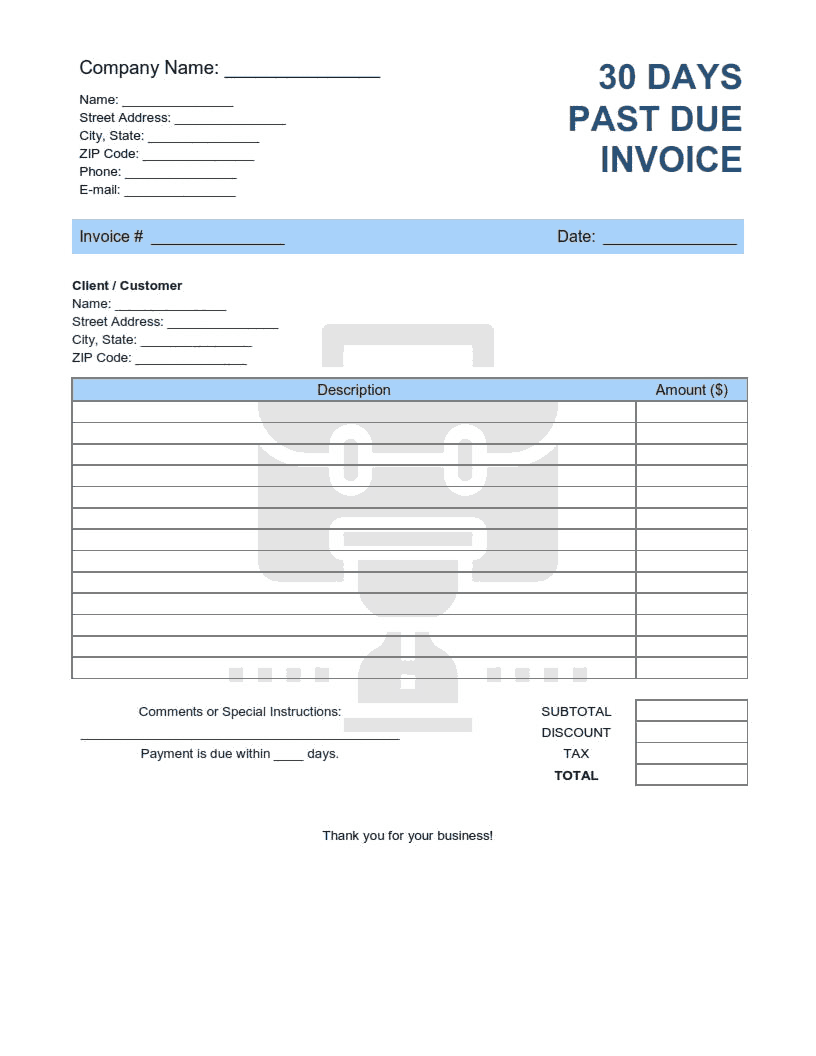 30 Days Past Due Invoice Template Word | Excel | PDF