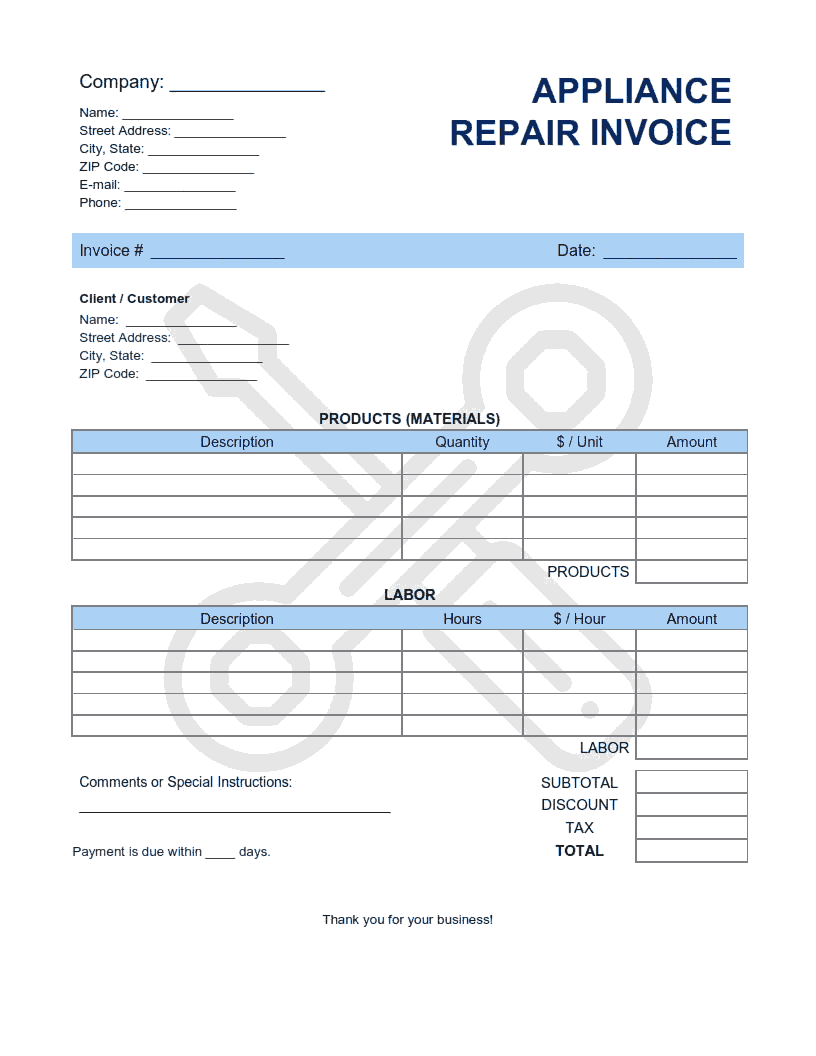 Appliance Repair Invoice Template Word | Excel | PDF