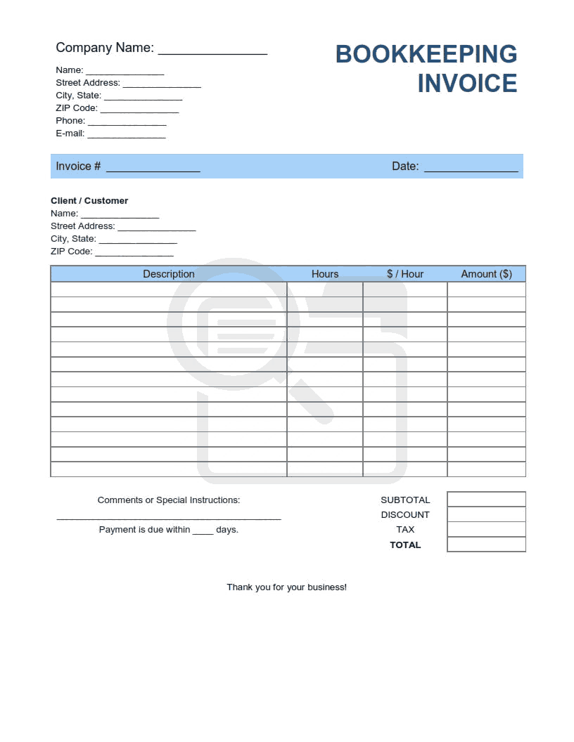 Bookkeeping Invoice Template Word | Excel | PDF