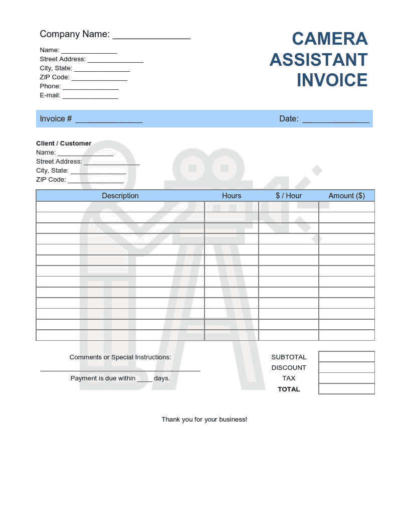 Camera Assistant Invoice Template Word | Excel | PDF