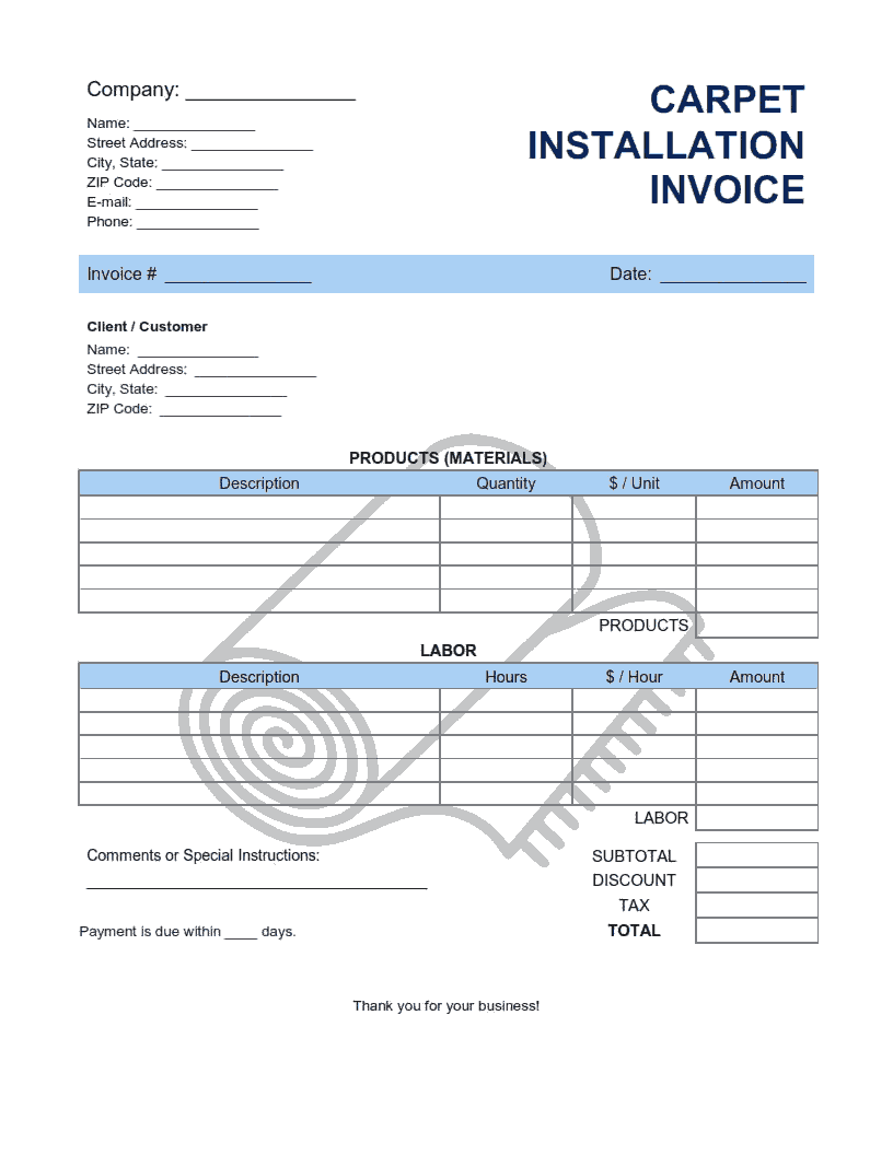 Carpet Installation Invoice Template Word | Excel | PDF