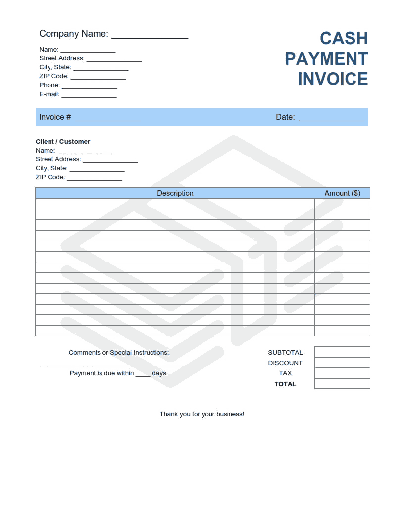Cash Payment Invoice Template Word | Excel | PDF