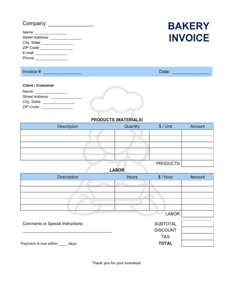 Bakery Invoice Template Word | Excel | PDF