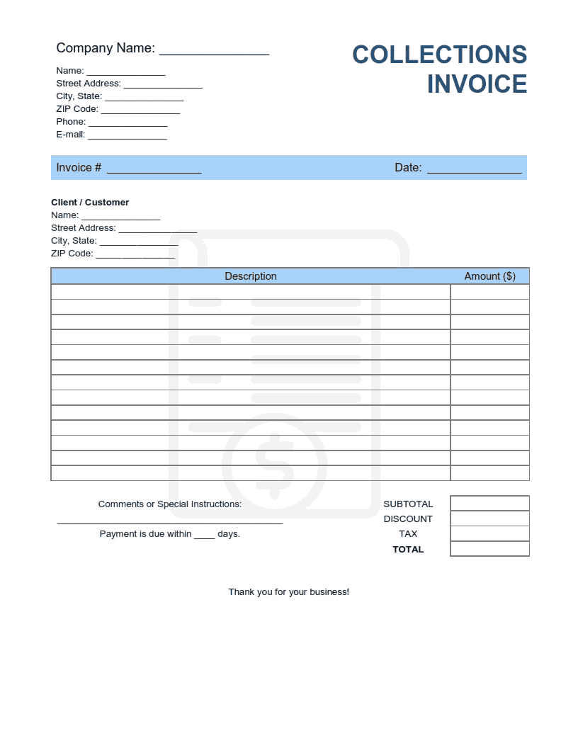 Collections Invoice Template Word | Excel | PDF