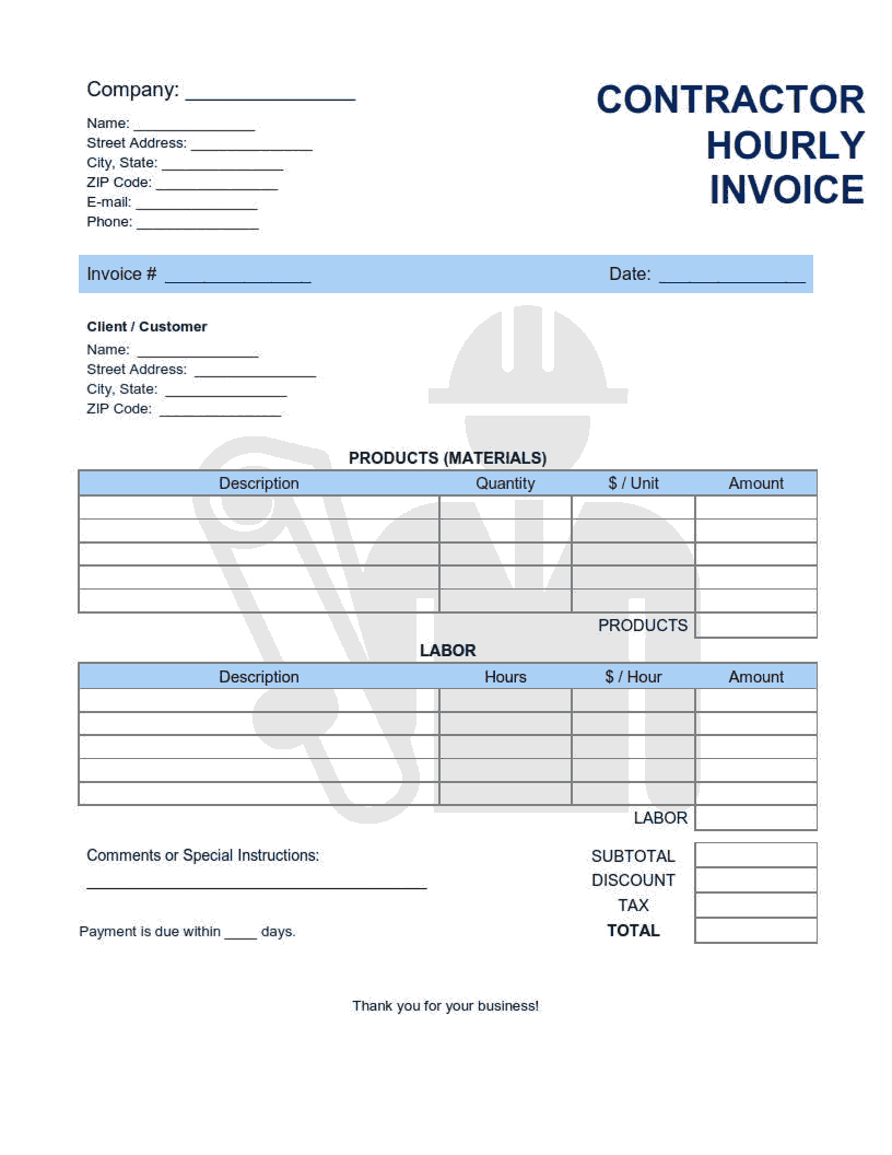 Contractor Hourly Invoice Template Word | Excel | PDF