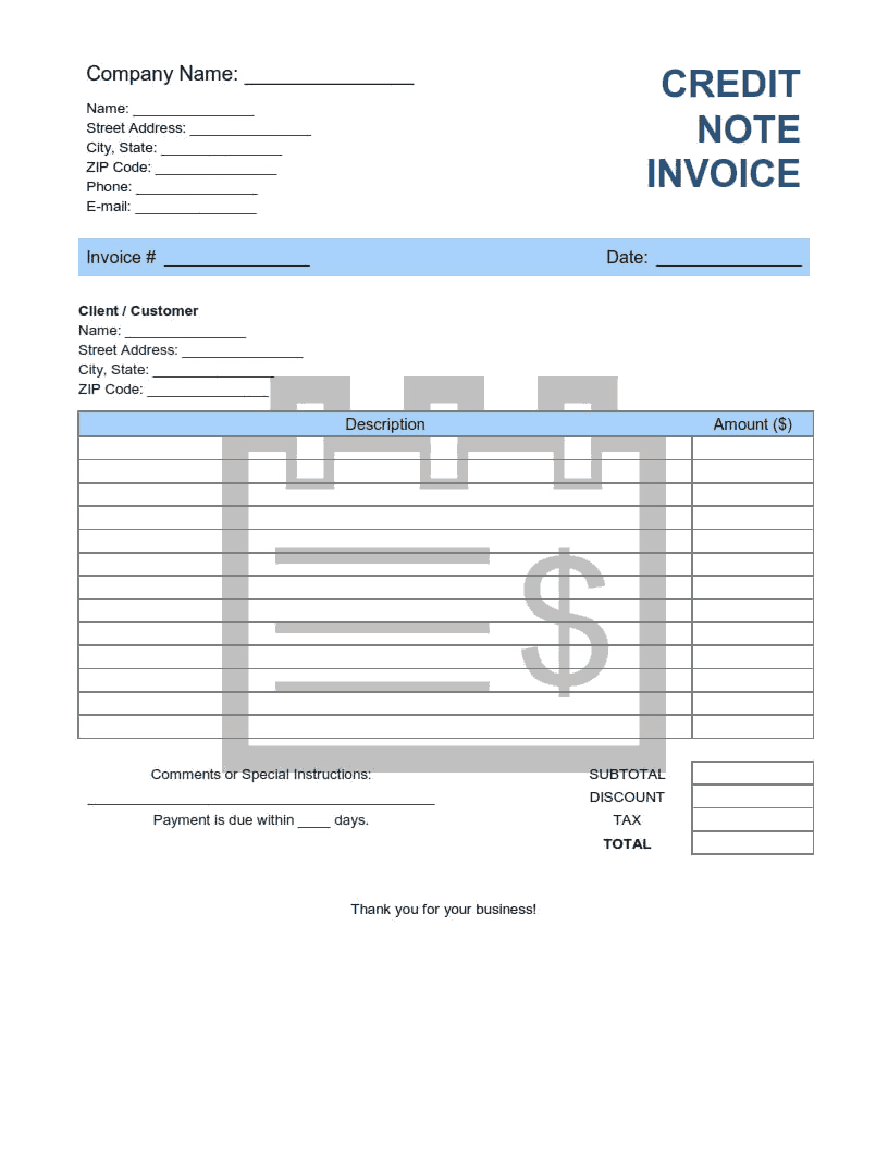 Credit Note Invoice Template Word | Excel | PDF