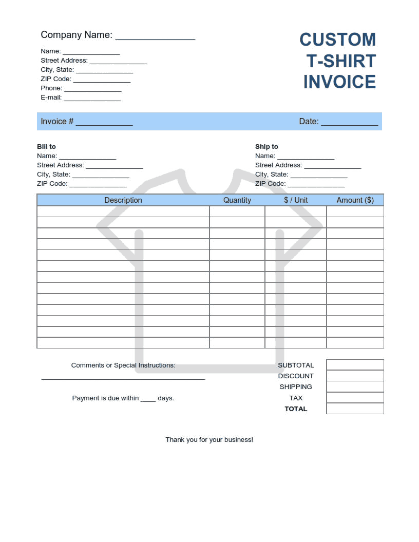 Custom T Shirt Invoice Template with Shipping Word | Excel | PDF