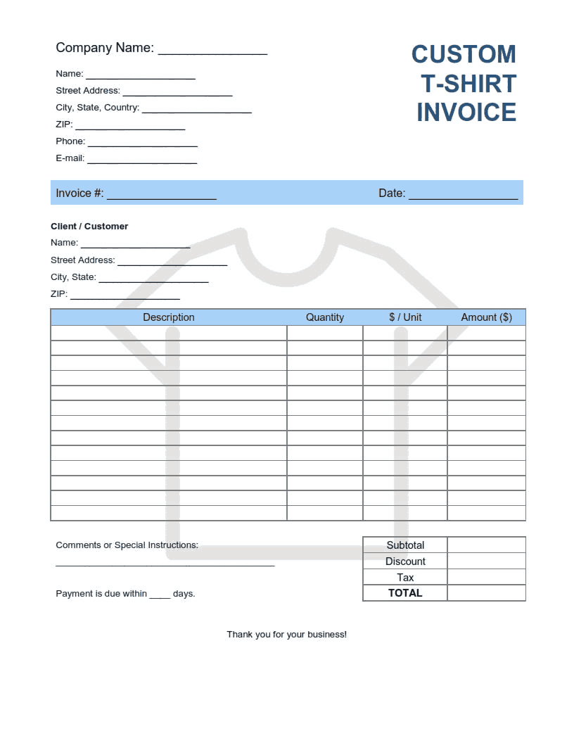 Custom T Shirt Invoice Template without Shipping Word | Excel | PDF