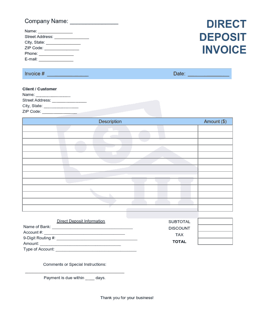 Direct Deposit Invoice Template Word Excel PDF Free Download Free