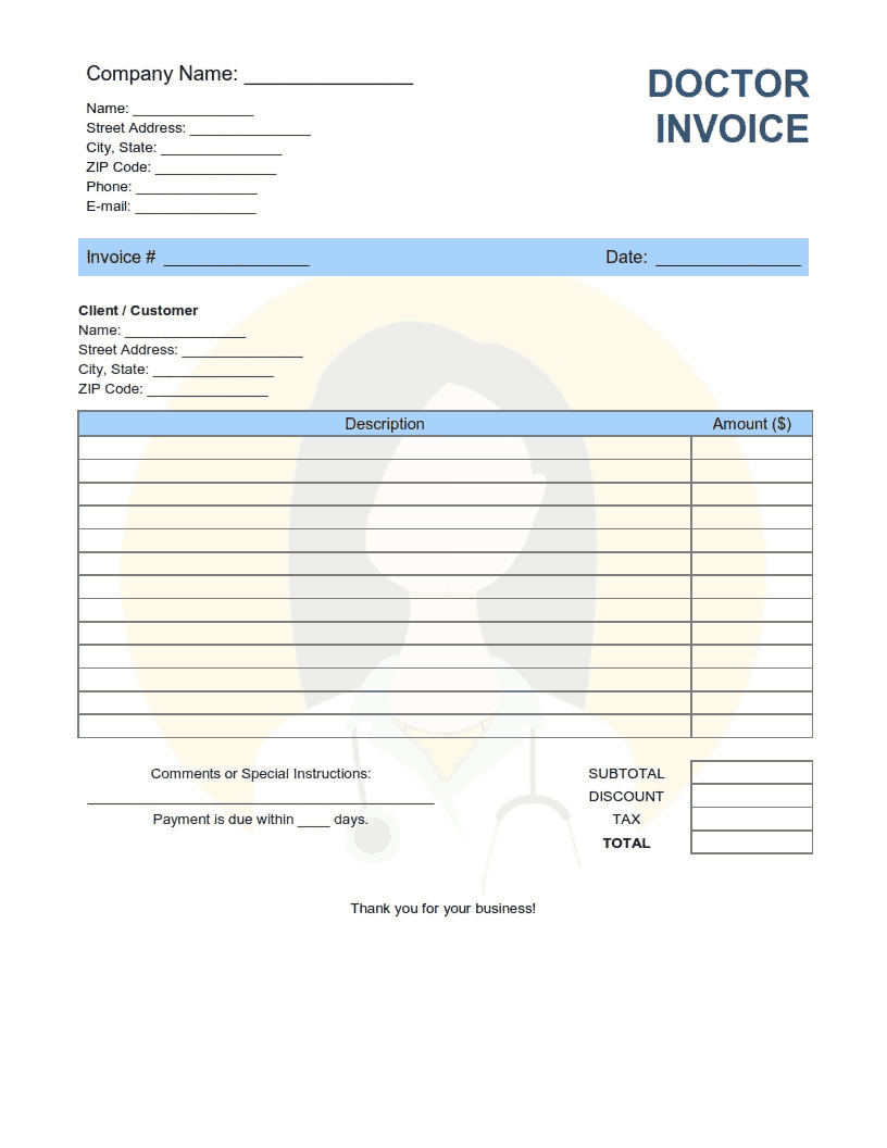 Doctor Invoice Template Word | Excel | PDF
