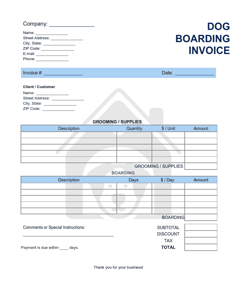 Dog Boarding Invoice Template Word | Excel | PDF