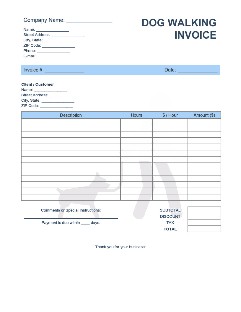 Dog Walking Invoice Template Word | Excel | PDF