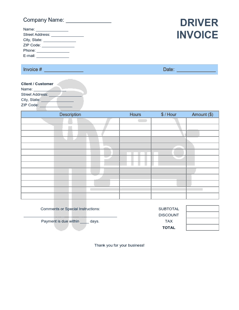 Driver Invoice Template Word | Excel | PDF