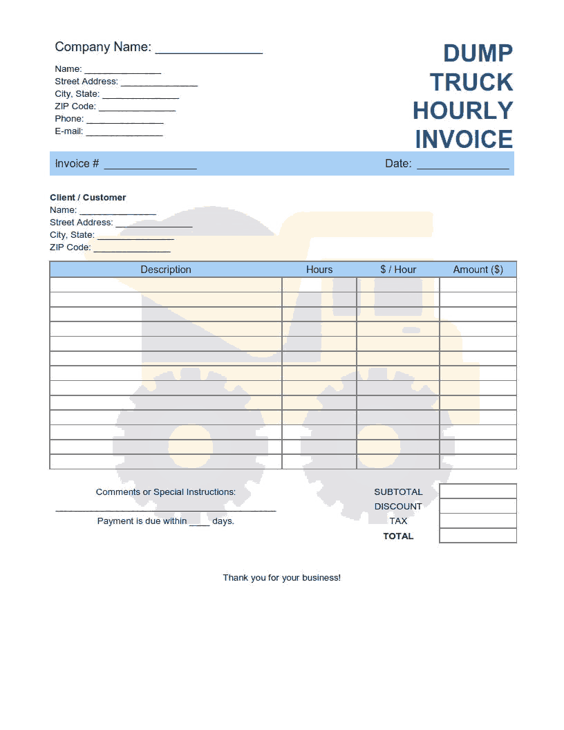 Dump Truck Hourly Invoice Template Word | Excel | PDF