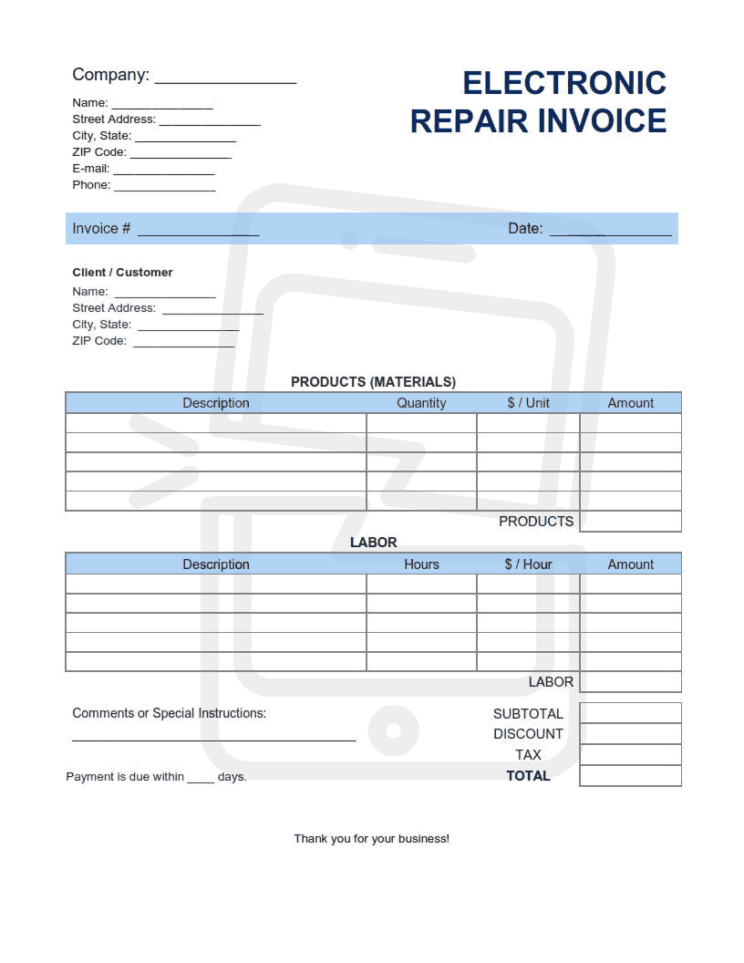 Electronic Repair Invoice Template Word | Excel | PDF