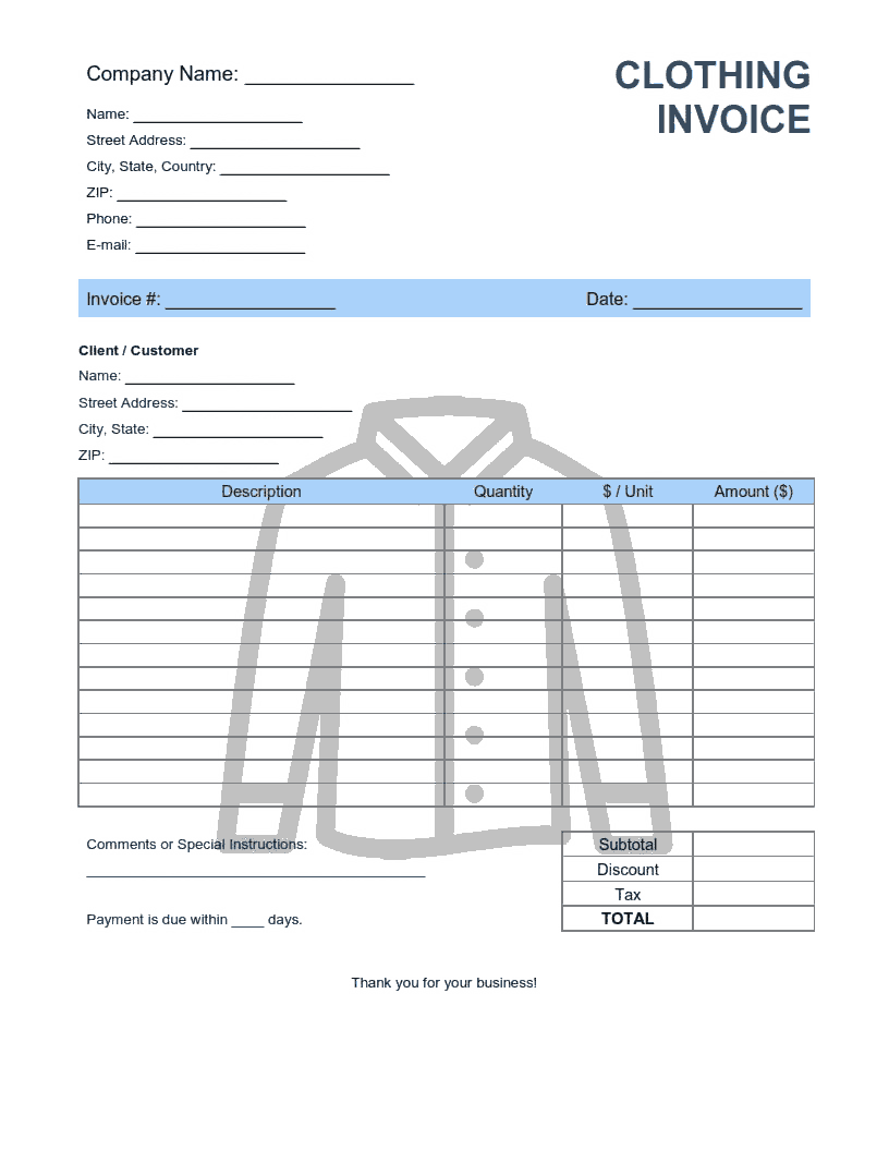 Clothing Invoice Template Word | Excel | PDF