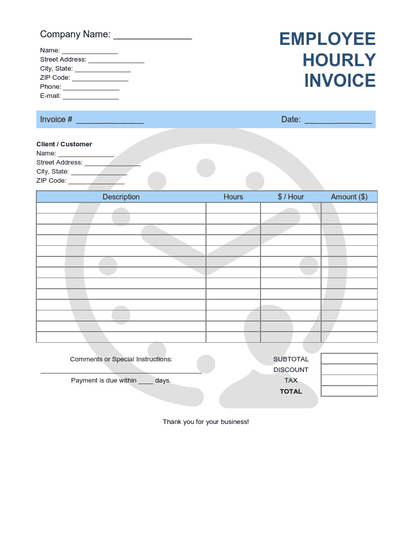 Employee Hourly Invoice Template Word | Excel | PDF