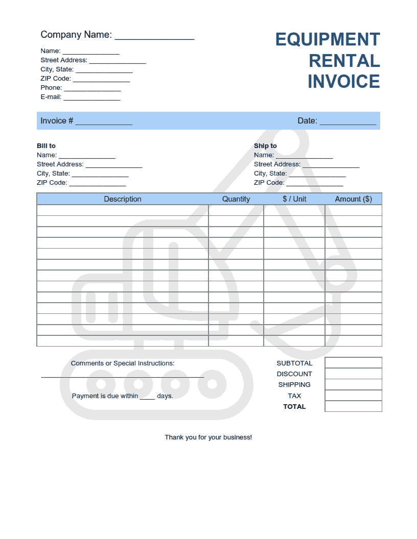 Equipment Rental Invoice Template Word Excel PDF Free Download