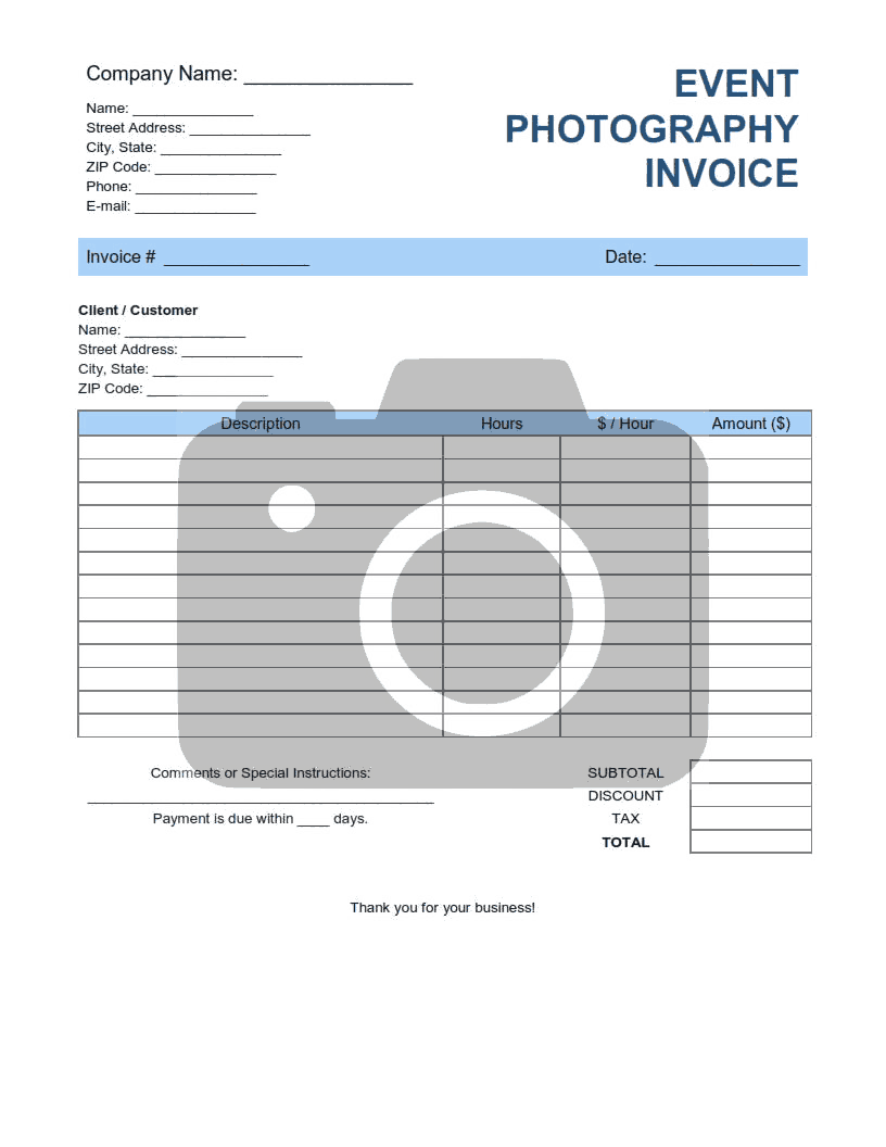 Event Photography Invoice Template Word | Excel | PDF