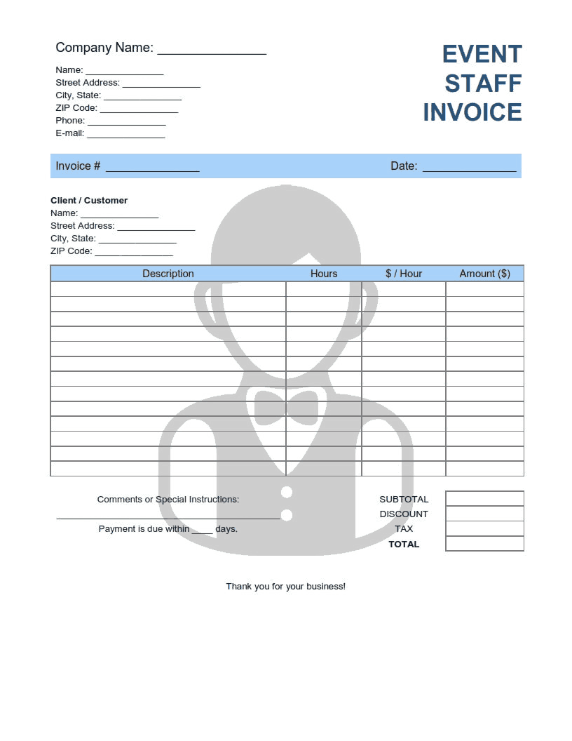 Event Staff Invoice Template Word | Excel | PDF