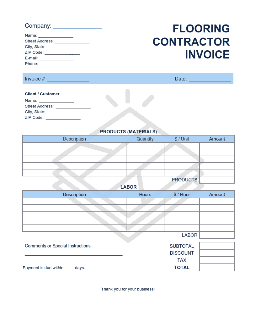 Flooring Contractor Invoice Template Word | Excel | PDF