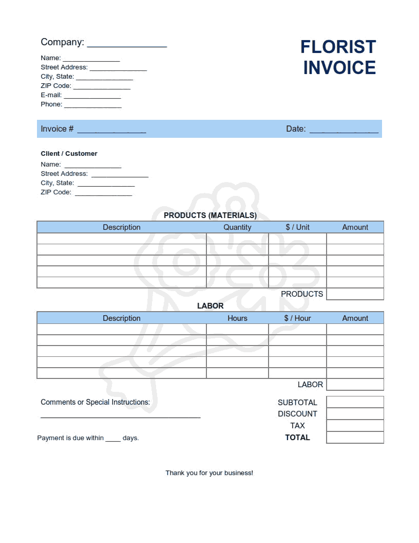 Florist Invoice Template Word | Excel | PDF