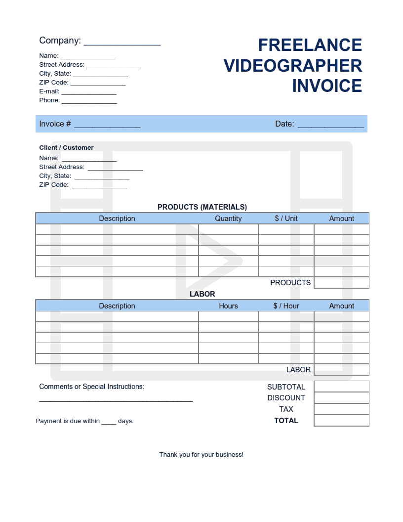 Freelance Videographer Invoice Template Word | Excel | PDF