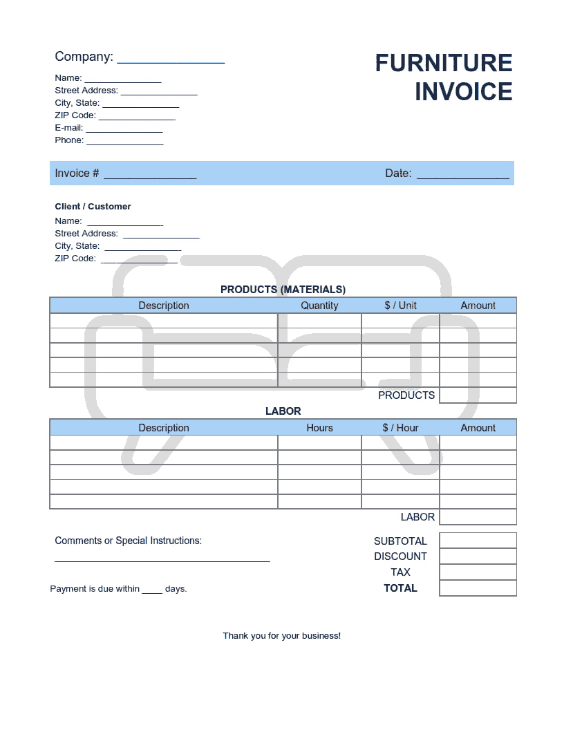 Furniture Invoice Template Word | Excel | PDF