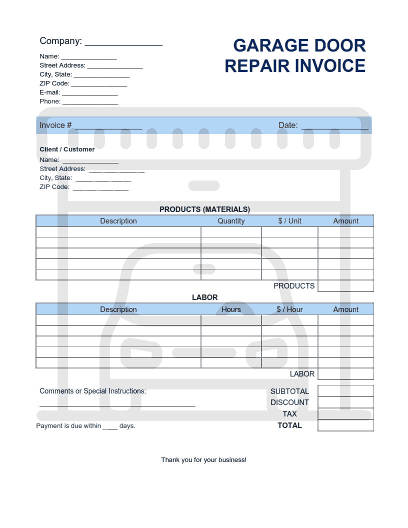Garage Door Repair Invoice Template Word | Excel | PDF