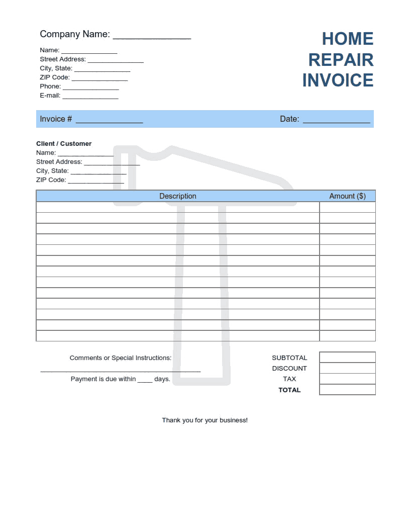 Home Repair Invoice Template Word | Excel | PDF