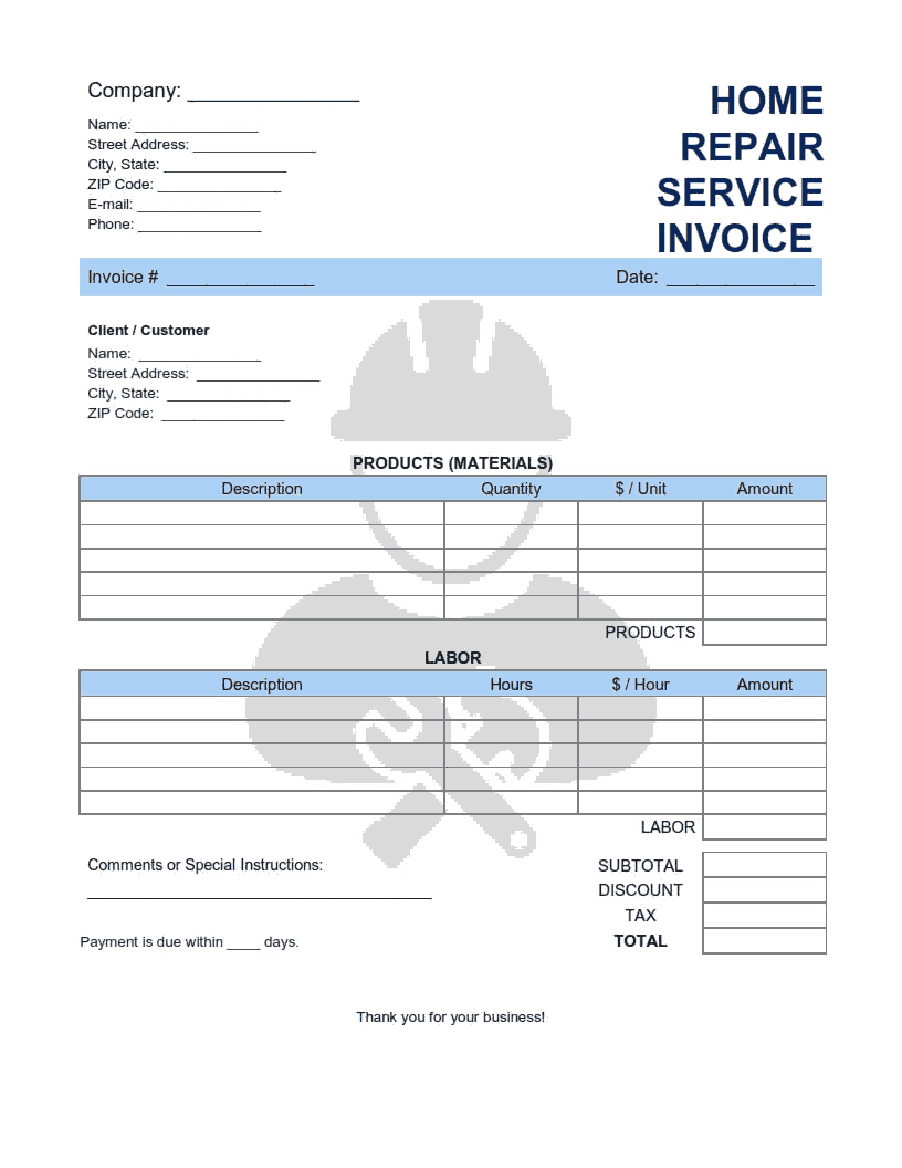 Home Repair Service Invoice Template Word Excel PDF Free Download