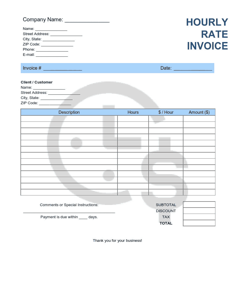 Hourly Rate Invoice Template Word | Excel | PDF